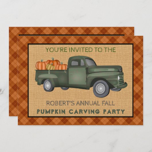 カボチャ彫刻パーティーハロウィーンヴィンテージファームトラック 招待状 (正面/裏面)