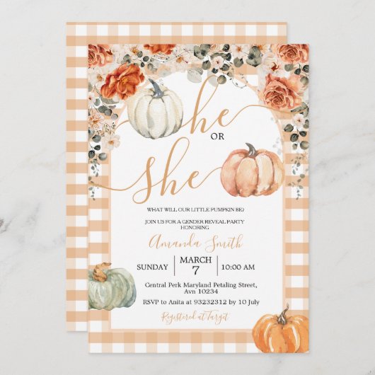 カボチャ彼または彼女のフローラ秋性発現パーティー 招待状 (正面/裏面)