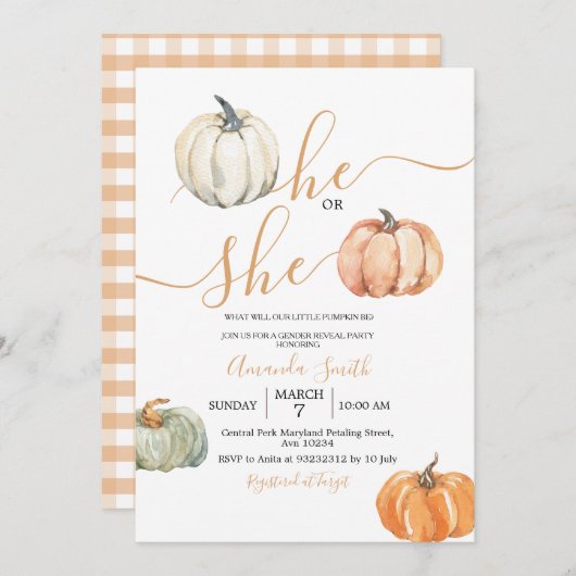 カボチャ彼または彼女のミニマリスト性別を表示パーティー 招待状 (正面/裏面)
