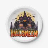 カボチャ怖いハウスハロウィーン ペーパープレート (正面)