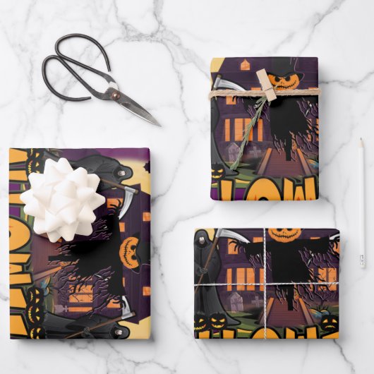 カボチャ怖いハウスハロウィーン ラッピングペーパーシート (正面)