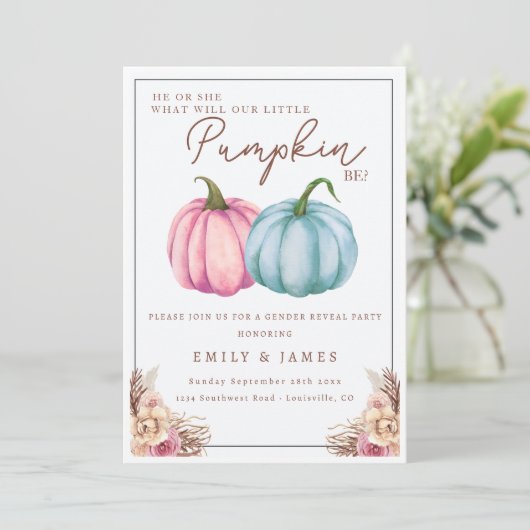 カボチャ性別が自分または彼女の少年または女の子を明らかにする 招待状 (スタンド正面)