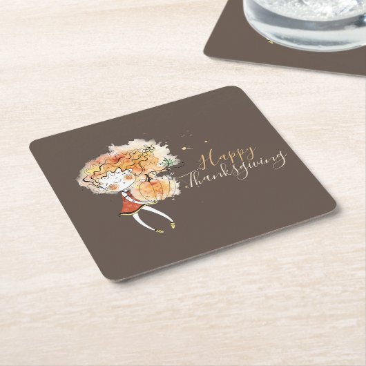 カボチャ感謝祭のジンジャーガール スクエアペーパーコースター (アングル)
