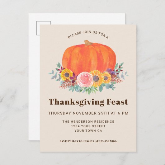 カボチャ感謝祭ディナー招待状はがき インビテーションポストカード (正面/裏面)