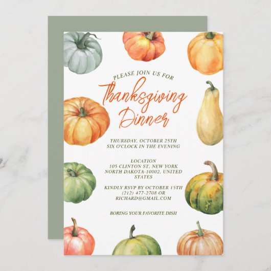 カボチャ感謝祭フェストディナーウォーターカラー 招待状 (正面/裏面)