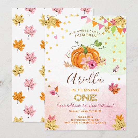 カボチャ最初の誕生日の招待秋の秋ピンク 招待状 (正面/裏面)