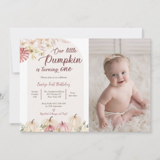 カボチャ最初の誕生日私たちの小さなカボチャの写真 招待状 (正面)