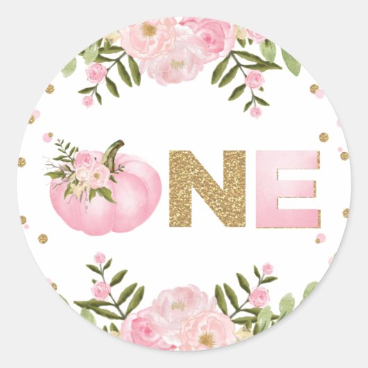 カボチャ最初の1番目の誕生日ピンクフローラ秋秋 ラウンドシール (正面)