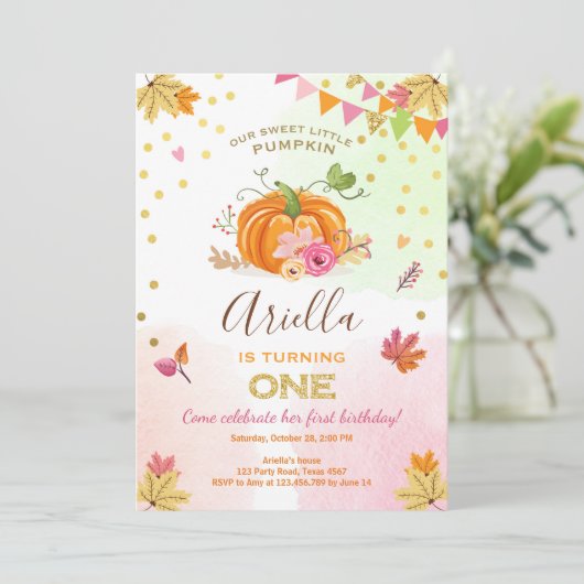 カボチャ最初誕生日の招待の秋の秋のピンク 招待状 (スタンド正面)