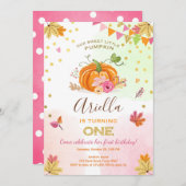 カボチャ最初誕生日の招待の秋の秋のピンク 招待状 (正面/裏面)