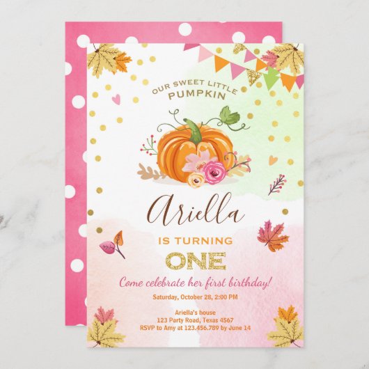 カボチャ最初誕生日の招待の秋の秋のピンク 招待状 (正面/裏面)