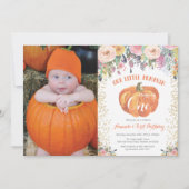 カボチャ最初誕生日の招待状の花柄の金ゴールド 招待状 (正面)