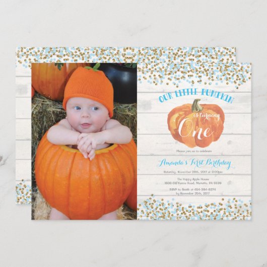 カボチャ最初誕生日の招待状の青および金ゴールド 招待状 (正面/裏面)