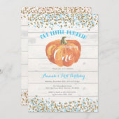 カボチャ最初誕生日の招待状の青および金ゴールド 招待状 (正面/裏面)