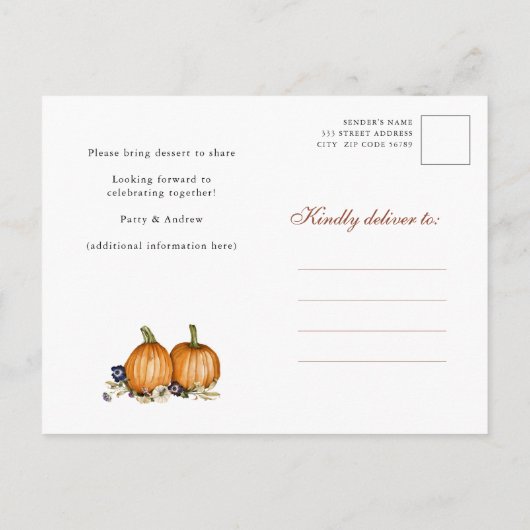 カボチャ植物秋の感謝祭ディナーパーティー インビテーションポストカード (裏面)
