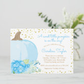 カボチャ水彩ブルー金ゴールド秋男の赤ちゃんシャワー 招待状 (スタンド正面)