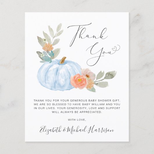 カボチャ水彩男の赤ちゃんシャワーサンキューカード (正面)