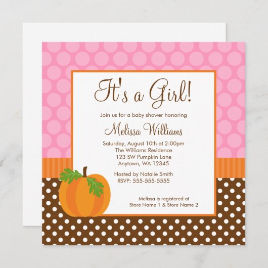 カボチャ水玉模様の秋の女の子のベビーシャワーの招待状 招待状 (正面/裏面)