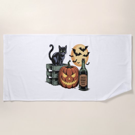 カボチャ猫ビールハロウィーン ビーチタオル (正面)
