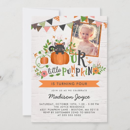 カボチャ猫- 10月の子供の誕生日のパーティーの写真 招待状