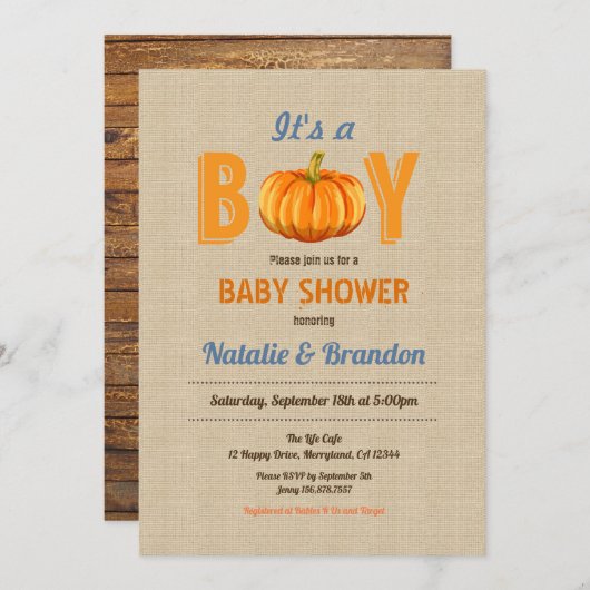 カボチャ男の子のシャワーの招待状のラップだ 招待状 (正面/裏面)