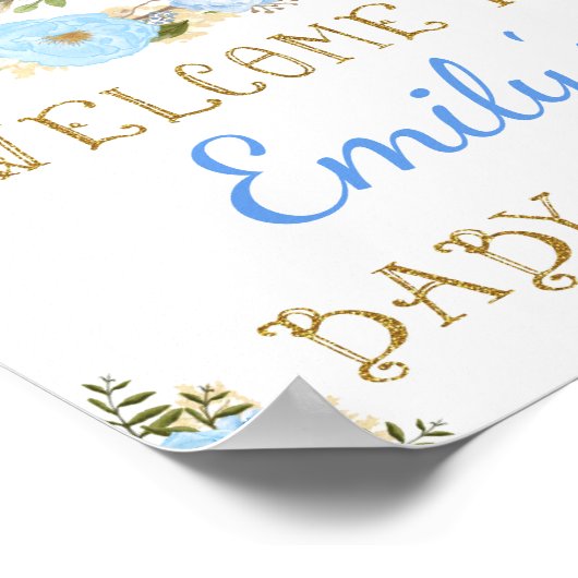 カボチャ男の子ベビーシャワー歓迎サインブルーフローラ ポスター (角)