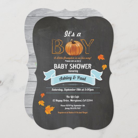 カボチャ男の赤ちゃんシャワー素朴な木製の黒板inv 招待状 (正面/裏面)