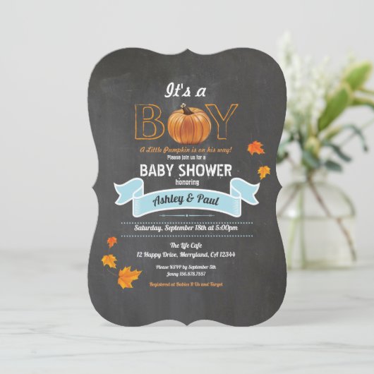 カボチャ男の赤ちゃんシャワー素朴な木製の黒板inv 招待状 (スタンド正面)