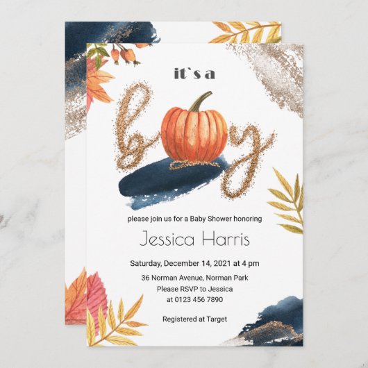 カボチャ男の赤ちゃんシャワー金ゴールド秋  招待状 (正面/裏面)