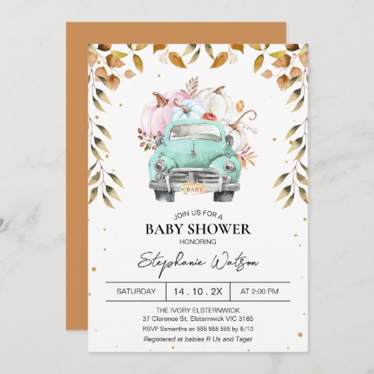 カボチャ男女兼用のトラックの葉の赤ちゃんシャワー 招待状 (正面/裏面)