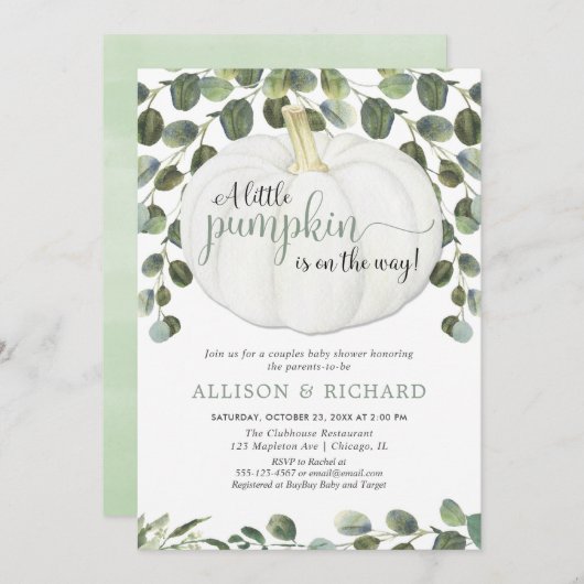 カボチャ男女兼用の共同カップルの赤ちゃんシャワー 招待状 (正面/裏面)