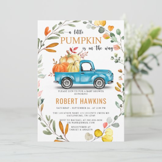 カボチャ男女兼用ユーカリ赤ちゃんシャワー 招待状 (スタンド正面)