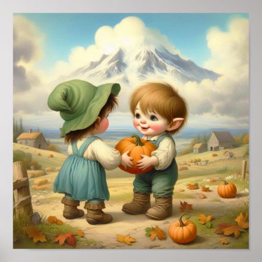 カボチャ畑に飾り立てられた2つのヴィンテージマンチキン ポスター (正面)