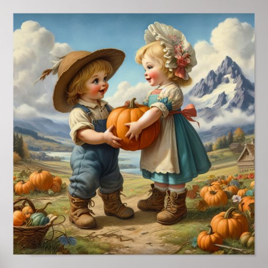 カボチャ畑に飾り立てられた2つのヴィンテージマンチキン ポスター (正面)