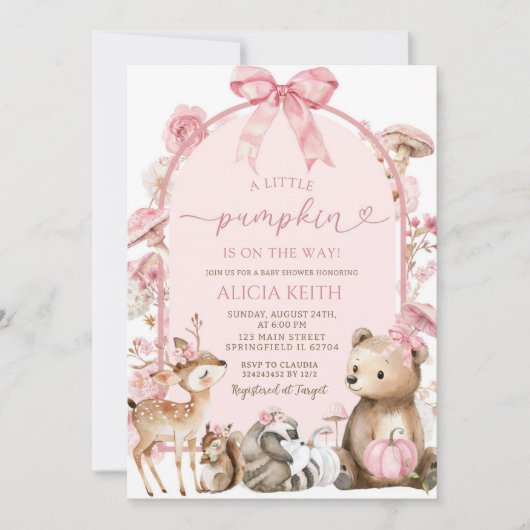 カボチャ白とピンクの森の森の森の赤ちゃんシャワー 招待状 (正面)