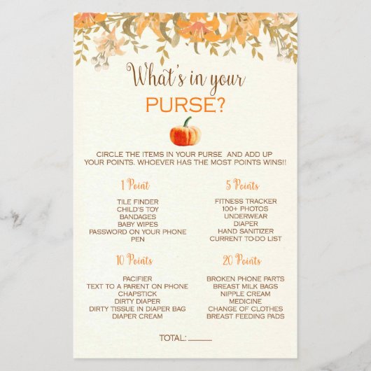 カボチャ秋あなたの財布の赤ちゃんシャワーゲームの中に何がある チラシ (正面)