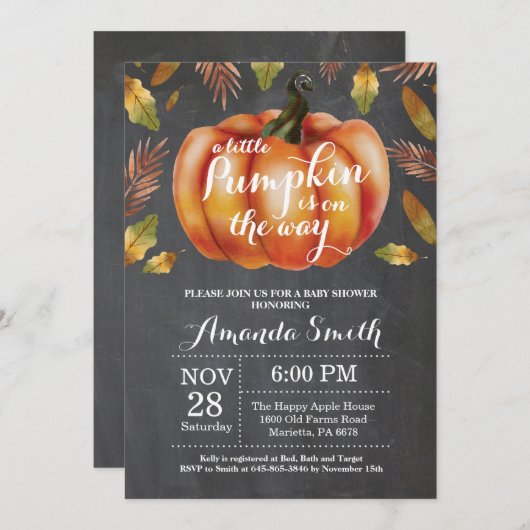 カボチャ秋のベビーシャワーの招待状の黒板 招待状 (正面/裏面)