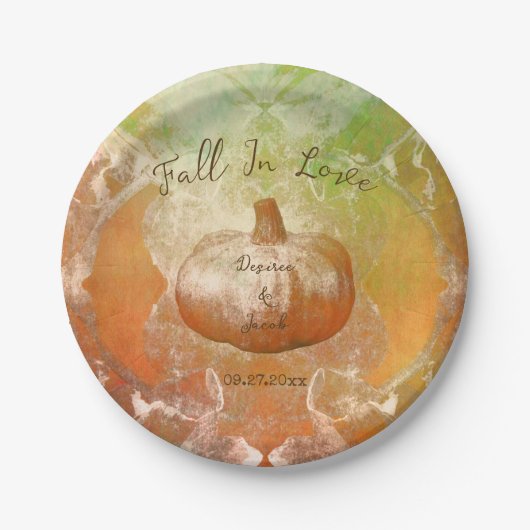 カボチャ秋の燃えオレンジヴィンテージ質感デザイン ペーパープレート (正面)