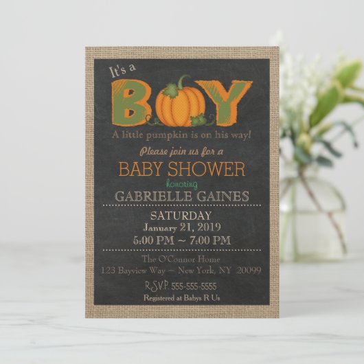 カボチャ秋の男の子のベビーシャワーの国の招待状 招待状 (スタンド正面)