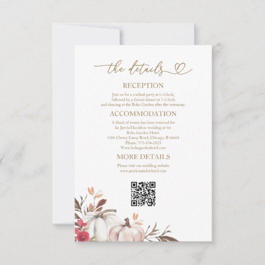 カボチャ秋の結婚式詳細エンクロージャカード 招待状 (正面)