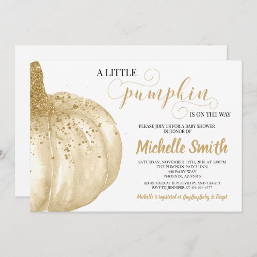 カボチャ秋の金ゴールドのグリッターのBohoの秋のベビーシャワー 招待状 (正面/裏面)