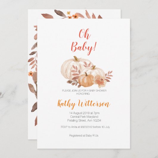 カボチャ秋オ赤ちゃんシャワー招待 招待状 (正面/裏面)