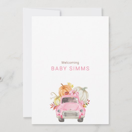 カボチャ秋ガールベビーシャワー招待状ピンクトラック 招待状 (裏面)