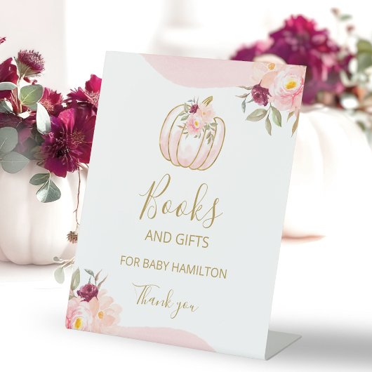 カボチャ秋ガール赤ちゃんシャワー本とギフトサイン 台座サイン