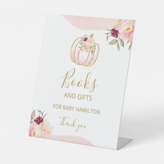 カボチャ秋ガール赤ちゃんシャワー本とギフトサイン 台座サイン (正面)