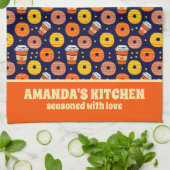 カボチャ秋ドーナツ&コーヒーサンクスギビングブルー キッチンタオル (折り畳み)