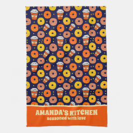 カボチャ秋ドーナツ&コーヒーサンクスギビングブルー キッチンタオル