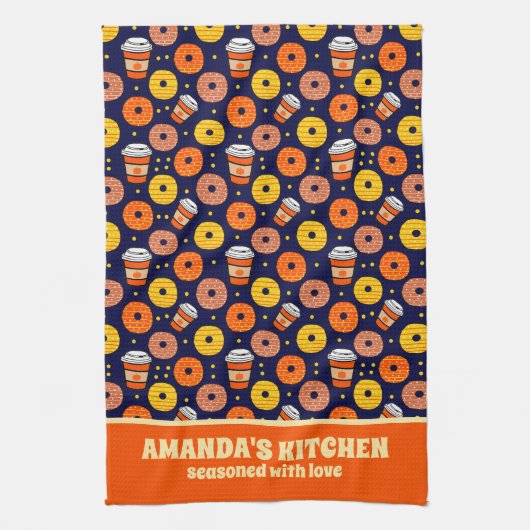 カボチャ秋ドーナツ&コーヒーサンクスギビングブルー キッチンタオル (縦)