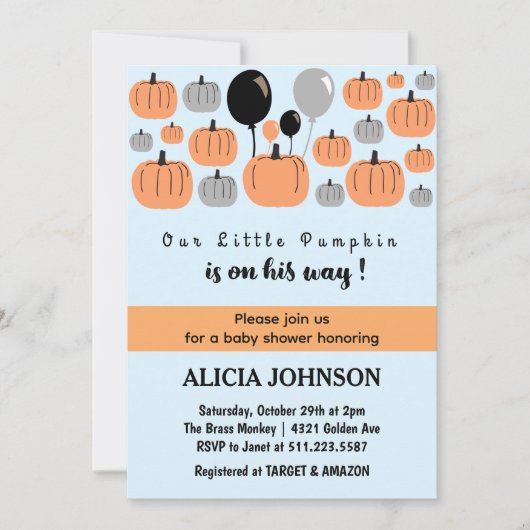 カボチャ秋ハロウィーンベビーシャワー 招待状 (正面)