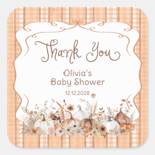 カボチャ秋フローラベビーシャワーありがとう スクエアシール (正面)